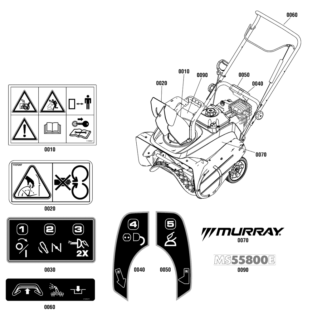 Decals Group Diagram and Parts List for 1696211-00-MS55800E 2012 Briggs and Stratton Snow Blower